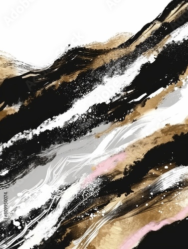 A striking painting featuring a vibrant black, white, and pink wave crashing against a golden backdrop in a dynamic composition