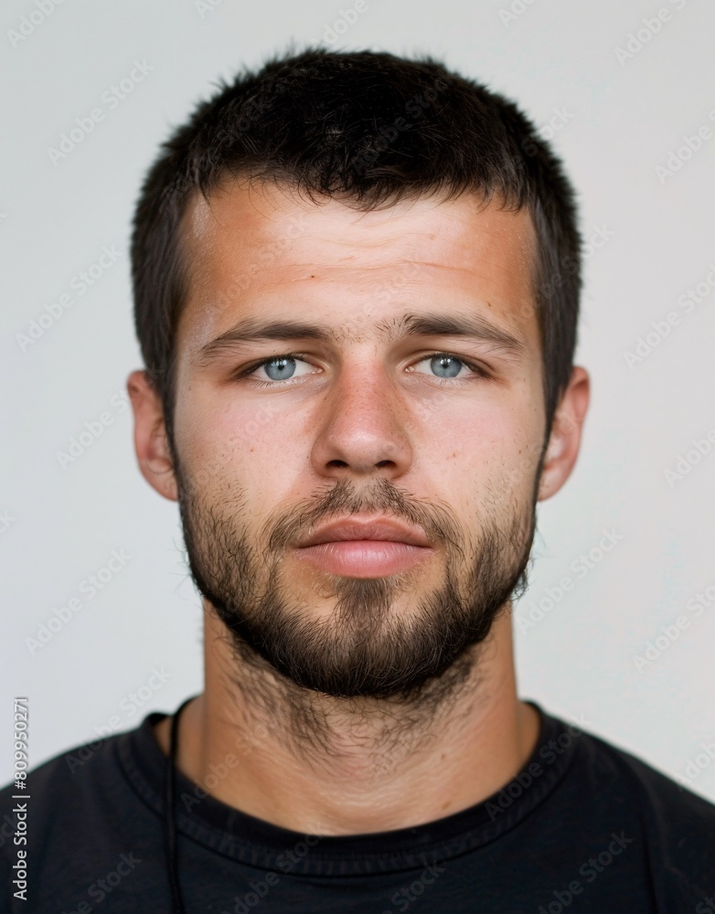ID Photo for Passport : European adult man with straight short black hair and blue eyes, medium beard, without glasses and wearing a black t-shirt ID Photo for Passport : European adult man with straight short black hair and blue eyes, medium beard, without glasses and wearing a black t-shirt