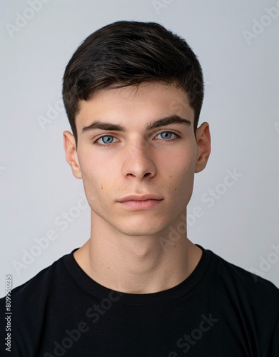 ID Photo for Passport : European young adult man with straight short black hair and blue eyes, clean-shaven, without glasses and wearing a black t-shirt