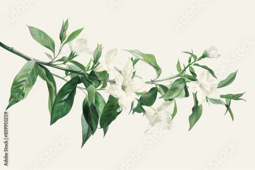 A branch of white flowers with green leaves. Perfect for nature and botanical designs #809950259
