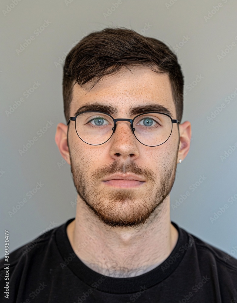 ID Photo for Passport : European young adult man with straight short black hair and blue eyes, short beard, with glasses and wearing a black t-shirt ID Photo for Passport : European young adult man with straight short black hair and blue eyes, short beard, with glasses and wearing a black t-shirt