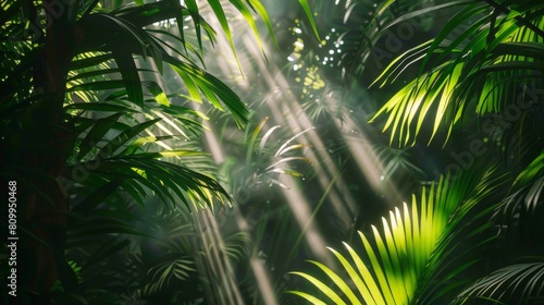 Sunlight filtering through the leaves of a palm tree  creating intricate patterns of light and shadow
