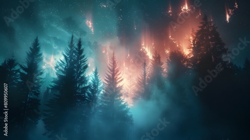 An otherworldly forest with glowing trees and surreal landscapes under a sky of dynamic auroras, captured in 8K