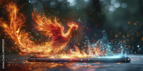 Digital phoenix rising from smartphone screen, illustrating revolutionary tech rebirth. photo