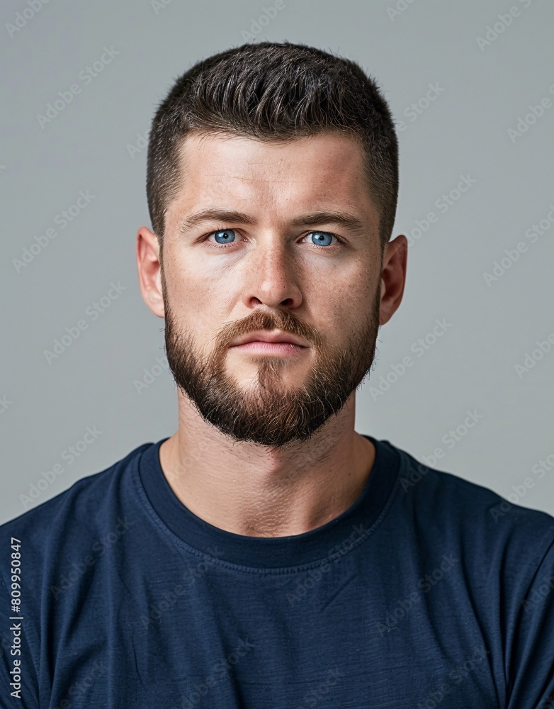 ID Photo for Passport : European young adult man with straight short black hair and blue eyes, short beard, without glasses and wearing a navy t-shirt ID Photo for Passport : European young adult man with straight short black hair and blue eyes, short beard, without glasses and wearing a navy t-shirt