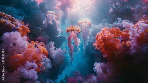 An underwater abstract scene with ethereal jellyfish and colorful coral reefs, viewed through an 8K