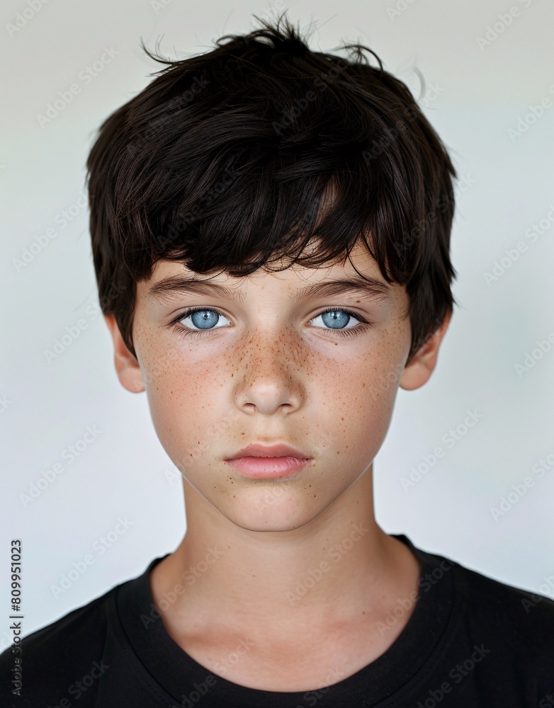 ID Photo for Passport : European teenager boy with straight short black hair and blue eyes, without glasses and wearing a black t-shirt ID Photo for Passport : European teenager boy with straight short black hair and blue eyes, without glasses and wearing a black t-shirt
