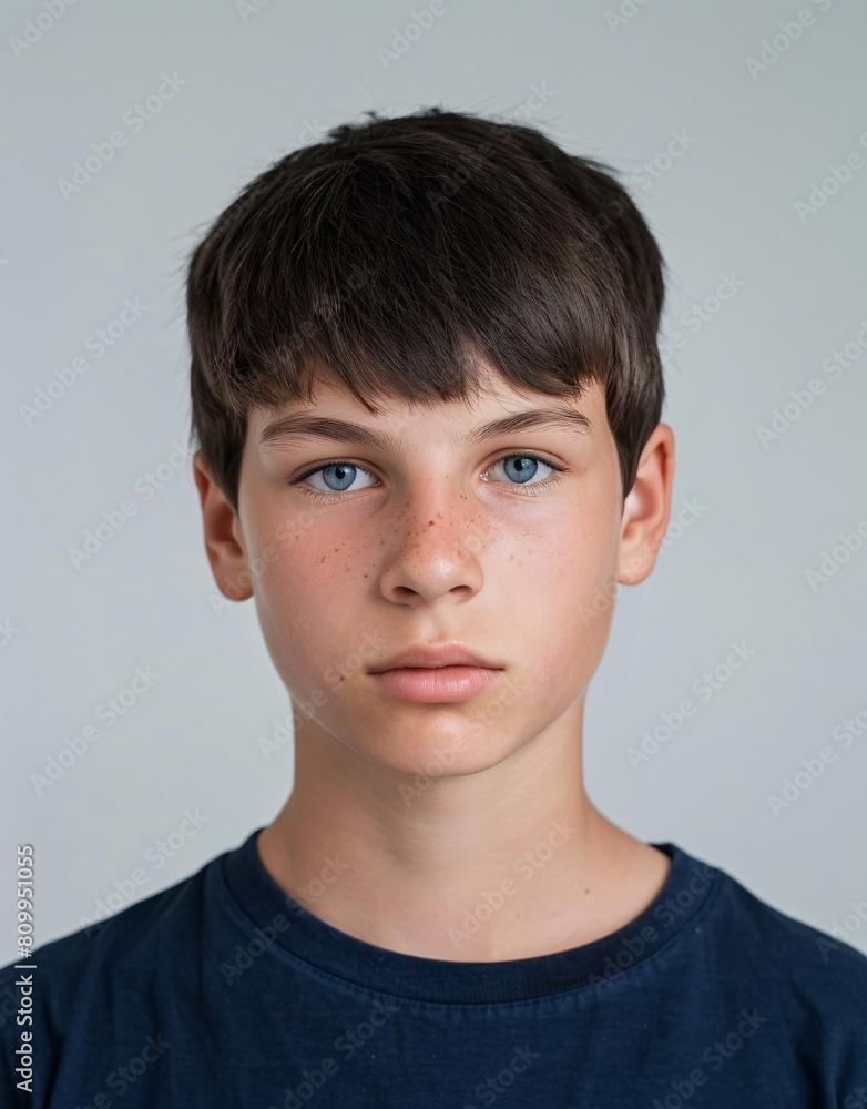 ID Photo for Passport : European teenager boy with straight short black hair and blue eyes, without glasses and wearing a navy t-shirt ID Photo for Passport : European teenager boy with straight short black hair and blue eyes, without glasses and wearing a navy t-shirt