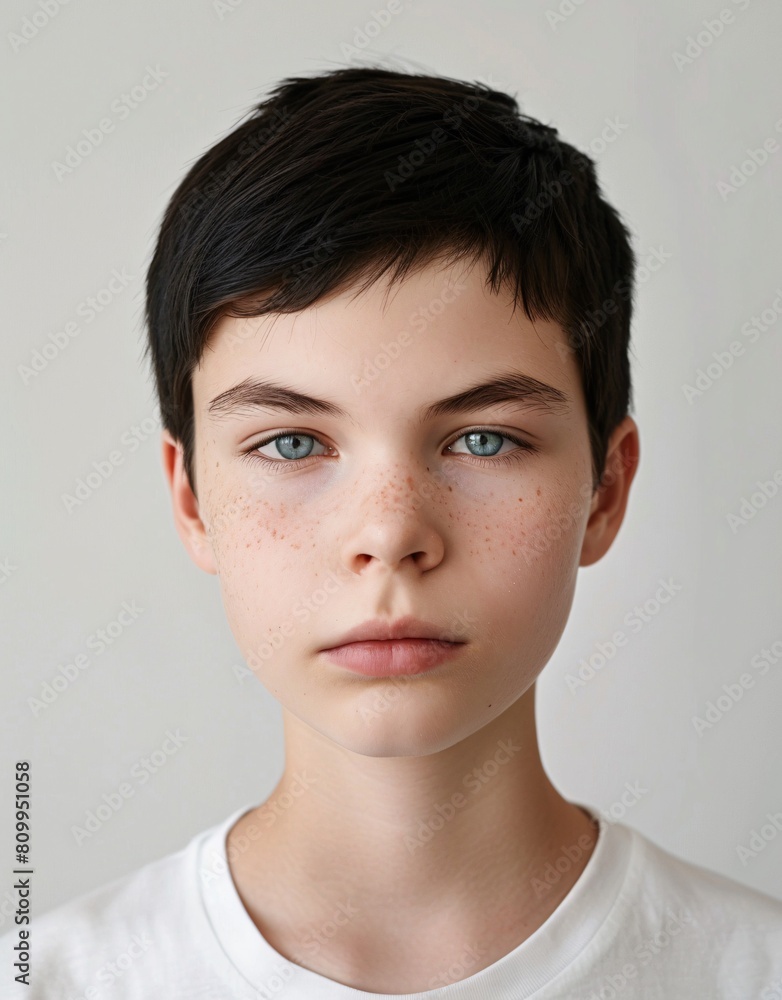 ID Photo for Passport : European teenager boy with straight short black hair and blue eyes, without glasses and wearing a white t-shirt ID Photo for Passport : European teenager boy with straight short black hair and blue eyes, without glasses and wearing a white t-shirt