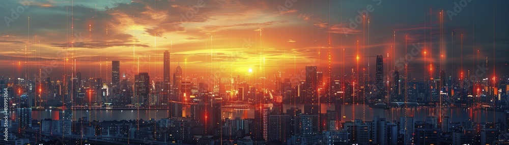 Visualizing the upward trajectory of tech investments juxtaposed with a city skyline under the enchanting hues of dusk.