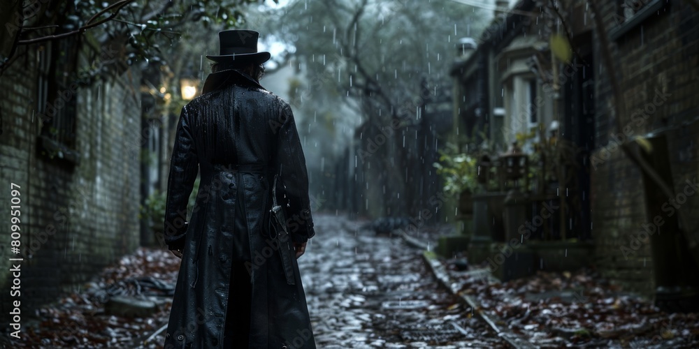 Obraz premium Mysterious Man In Rainy Cobblestone Alley
