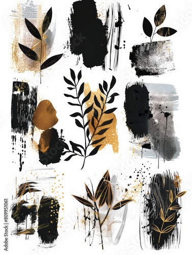 Painting featuring intricate black and gold leaves against a clean white backdrop