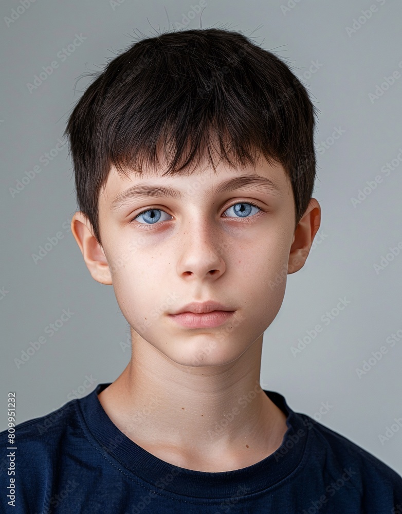 ID Photo for Passport : European teenager boy with straight short black hair and blue eyes, without glasses and wearing a navy t-shirt ID Photo for Passport : European teenager boy with straight short black hair and blue eyes, without glasses and wearing a navy t-shirt