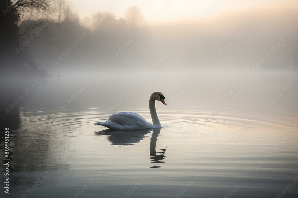 Obraz premium Swan misty lake nature. River beak. Generate Ai