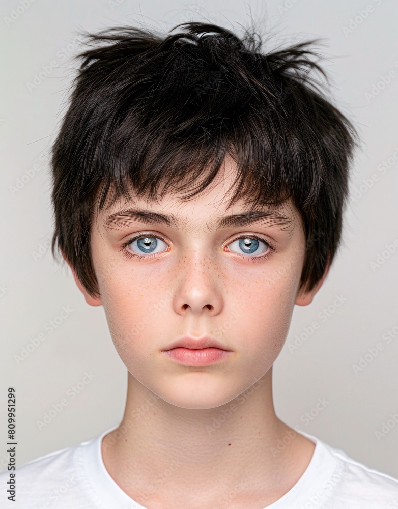 ID Photo for Passport : European teenager boy with straight short black hair and blue eyes, without glasses and wearing a white t-shirt ID Photo for Passport : European teenager boy with straight short black hair and blue eyes, without glasses and wearing a white t-shirt