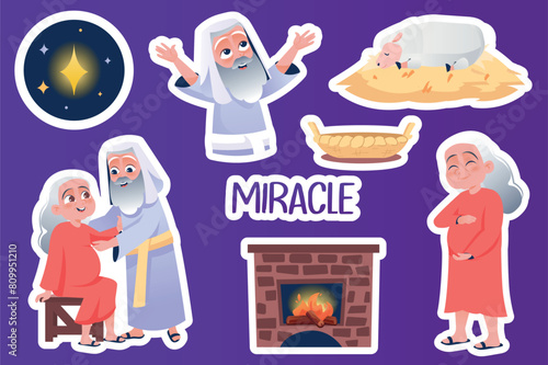 Set of stickers Miracle in flat cartoon design. These lovely bright illustrations show an old couple expecting a baby and elements of their lives. Vector illustration. © Andrey