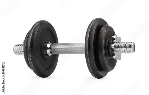 One metal dumbbell isolated on white. Sports equipment