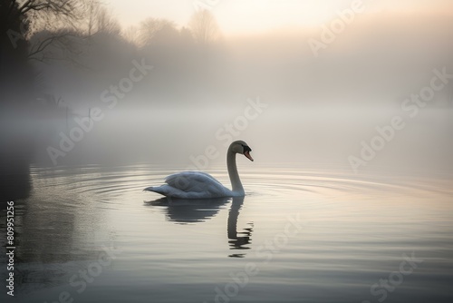 Swan misty lake nature. River beak. Generate Ai