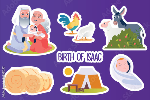 Set of stickers Birth of Isaac in flat cartoon design. Newborn Isaac, his old parents and pets are featured in this wonderful religious illustration. Vector illustration. © Andrey