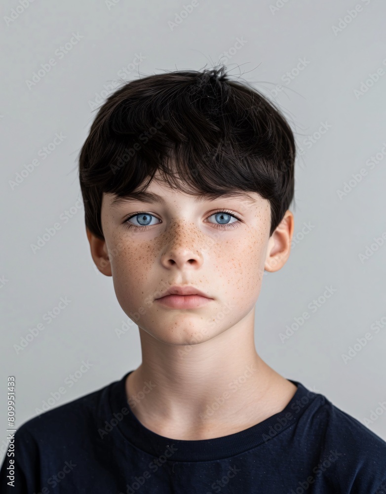 ID Photo for Passport : European teenager boy with straight short black hair and blue eyes, without glasses and wearing a navy t-shirt ID Photo for Passport : European teenager boy with straight short black hair and blue eyes, without glasses and wearing a navy t-shirt