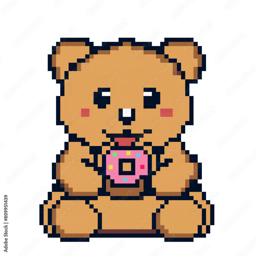Pixeled cartoon bear with donut icon. Pixel art design isolated on white background, 80s-90s, digital vintage game style. Design for textile print, cover template, embroidery, sticker, card Pixeled cartoon bear with donut icon. Pixel art design isolated on white background, 80s-90s, digital vintage game style. Design for textile print, cover template, embroidery, sticker, card