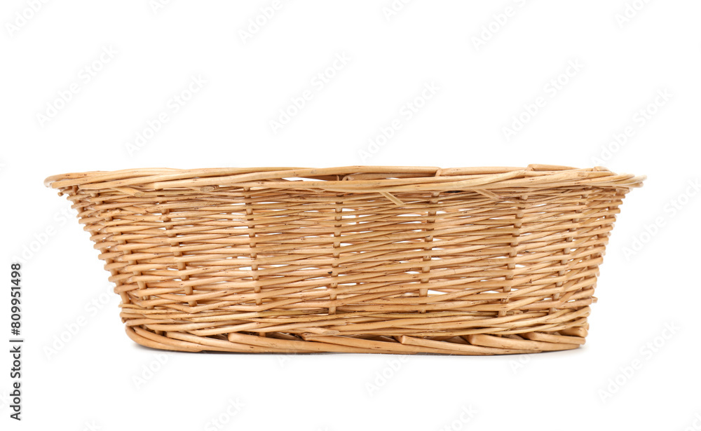 One empty wicker bread basket isolated on white