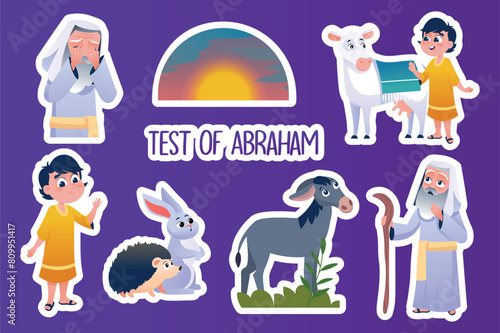 Set of stickers Test of Abraham in flat cartoon design. These beautiful, bright stickers illustrate baby Isaac and the moment when God decided to test Abraham's faith. Vector illustration.