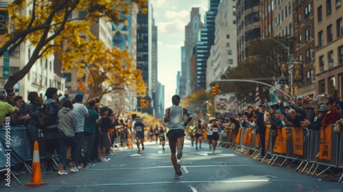 A cinematic wide shot of a runner approaching the finish line in a major urban marathon © ktianngoen0128