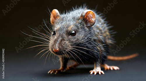 Detailed Portrait of a Black Rat, Intense Red Eyes and Shiny Fur Against Dark Background, Symbol of Urban Wildlife