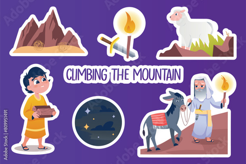 Set of stickers Climbing the mountain in flat cartoon design. The boy Isaac, Abraham, the animals, and the way to the mountain they are heading are depicted in this illustration. Vector illustration. © Andrey