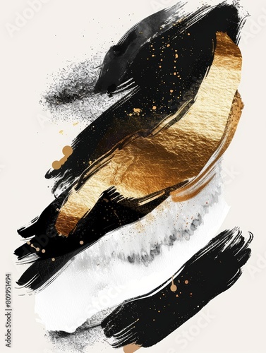 A sophisticated painting featuring black and gold hues stands out against a clean white backdrop, creating a striking contrast
