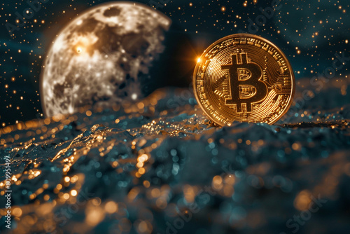 Macro shot of a golden Bitcoin on a starry background, moon in the upper corner, symbolizing high aspirations
