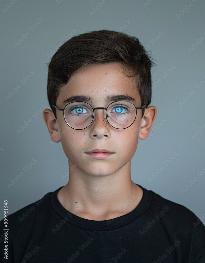 ID Photo for Passport : European teenager boy with straight short black hair and blue eyes, with glasses and wearing a navy t-shirt ID Photo for Passport : European teenager boy with straight short black hair and blue eyes, with glasses and wearing a navy t-shirt