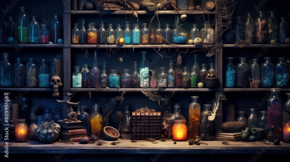 Illustration of occult magic magazine and shelf with various potions, bottles, poisons, crystals, salt. Alchemical medicine concept Illustration of occult magic magazine and shelf with various potions, bottles, poisons, crystals, salt. Alchemical medicine concept