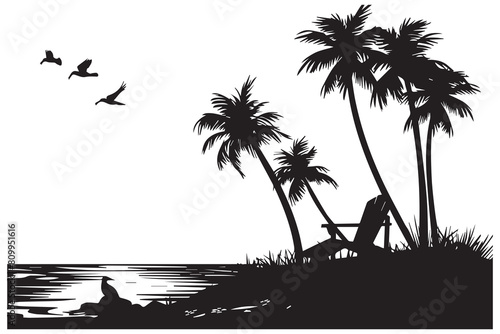 summer Scene With A Beach Chair With small Palm Trees, and sunbird Beach Time, Summer Vacation black silhouette white background