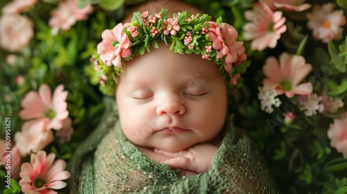 Peaceful newborn wrapped in a green cloth sleeps among delicate pink flowers