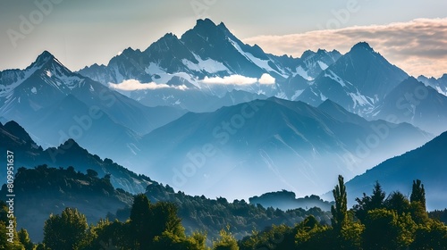 Heavenly Glistening Peaks A Trendsetting Mountain Landscape Generative ai photo