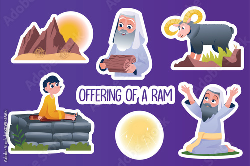 Set of stickers Offering of a ram in flat cartoon design. Abraham and Isaac prepare to sacrifice a ram in this image. Vector illustration. © Andrey