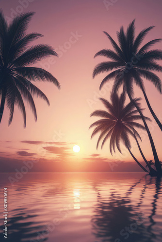 Sunset over the palm trees on an exotic beach, with a colorful sky and reflections in the water.