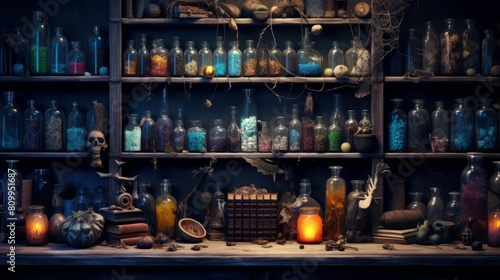 Illustration of occult magic magazine and shelf with various potions, bottles, poisons, crystals, salt. Alchemical medicine concept	