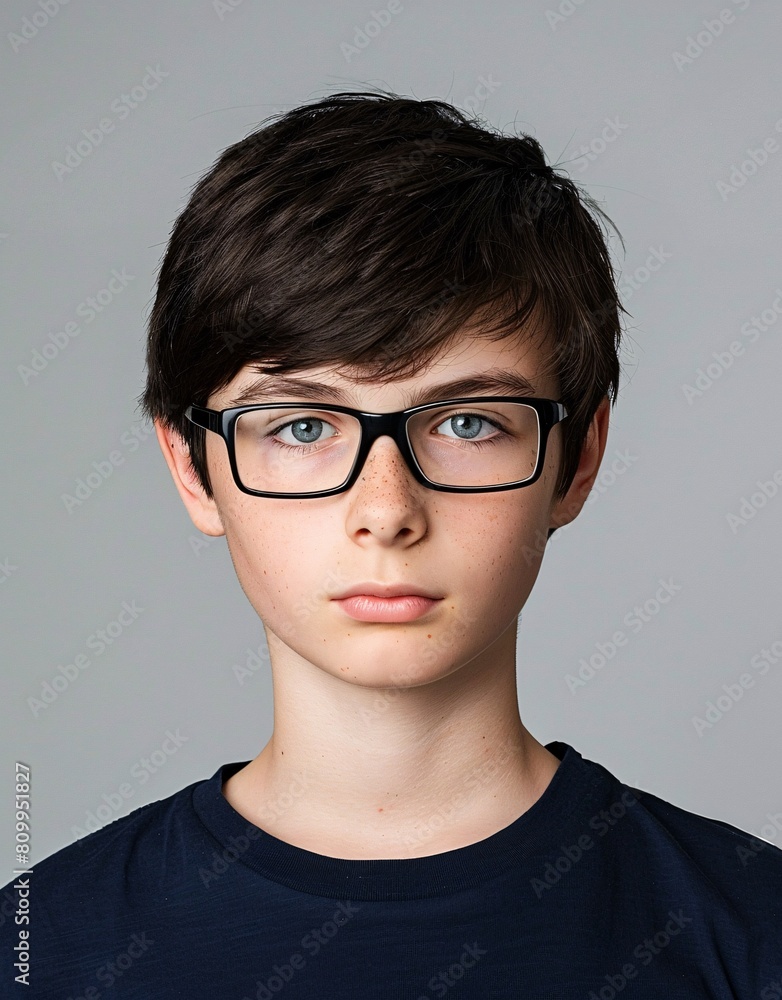 ID Photo for Passport : European teenager boy with straight short black hair and blue eyes, with glasses and wearing a navy t-shirt ID Photo for Passport : European teenager boy with straight short black hair and blue eyes, with glasses and wearing a navy t-shirt