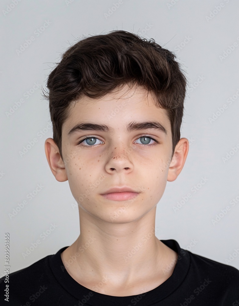 ID Photo for Passport : European teenager boy with straight short black hair and blue eyes, without glasses and wearing a black t-shirt ID Photo for Passport : European teenager boy with straight short black hair and blue eyes, without glasses and wearing a black t-shirt