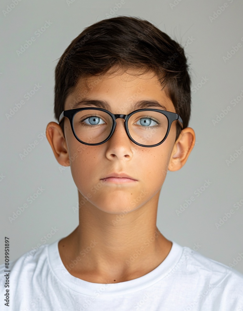 ID Photo for Passport : European teenager boy with straight short black hair and blue eyes, with glasses and wearing a white t-shirt
