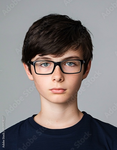 ID Photo for Passport   European teenager boy with straight short black hair and blue eyes  with glasses and wearing a navy t-shirt