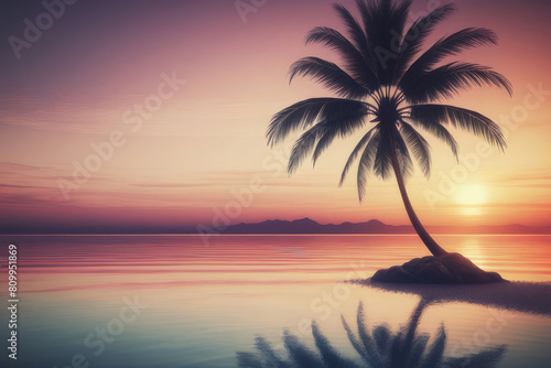 Sunset over the palm trees on an exotic beach  with a colorful sky and reflections in the water.
