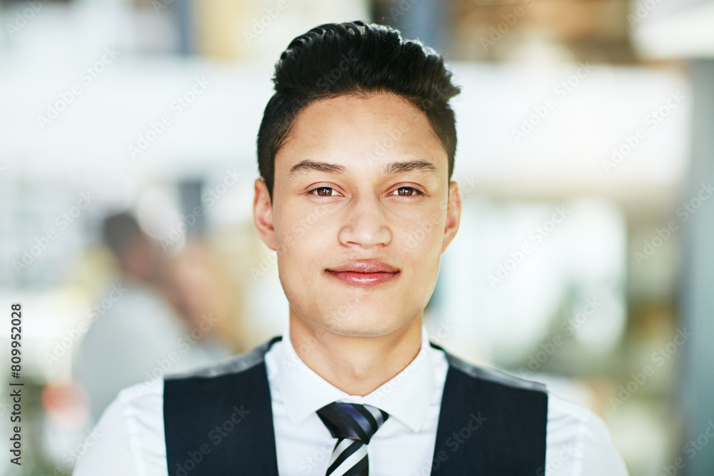 Business, portrait and asian man waiter at restaurant for hospitality, welcome or customer service. Cafe, face and server in Tokyo for fine dining, experience or catering management at luxury hotel