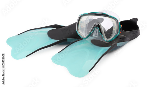 Pair of flippers and diving mask isolated on white. Sports equipment