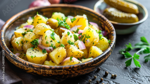 Hearty and flavorful: rustic german potato salad bowl with fresh parsley and pickles