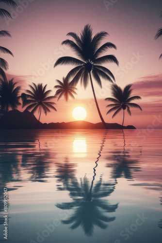 Sunset over the palm trees on an exotic beach, with a colorful sky and reflections in the water.