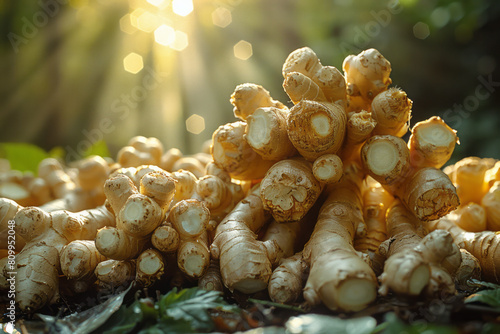 Ginger root as the core of a sun, radiating heat waves that ripple outward energetically,